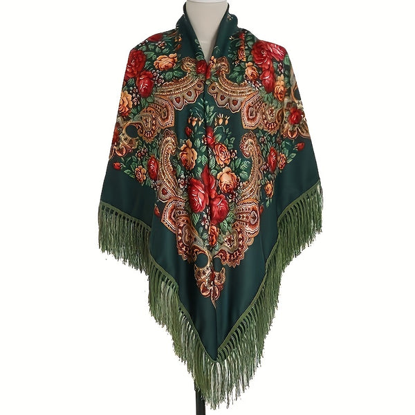 Women's long tassel shawl printed cotton large square scarf for women