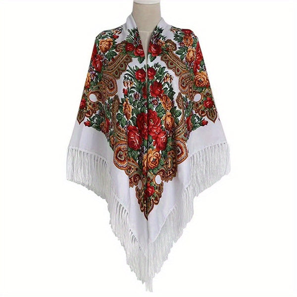 Women's long tassel shawl printed cotton large square scarf for women