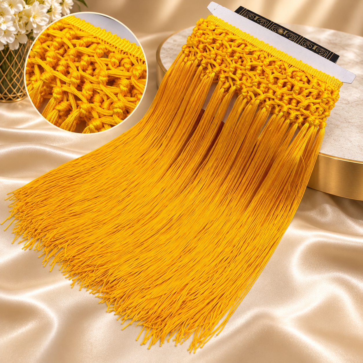 Handmade high-waisted scarf, dance-style high-waisted towel, equipped with 50-centimeter tassels and four rows of knots. The finished length is 38 centimeters. When rotated, it presents a rich and fashionable tassel effect.