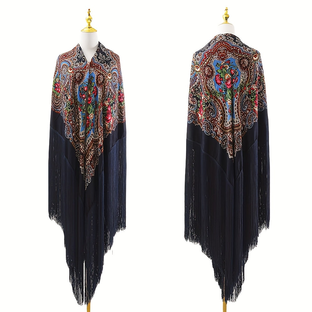 95‘’* 95“ oversized floral-patterned shawl with long tassels | ATS stage props | Flamenco dance style Shawl | adds elegance and dynamism