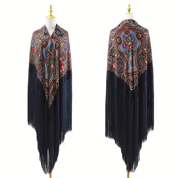 95‘’* 95“ oversized floral-patterned shawl with long tassels | ATS stage props | Flamenco dance style Shawl | adds elegance and dynamism