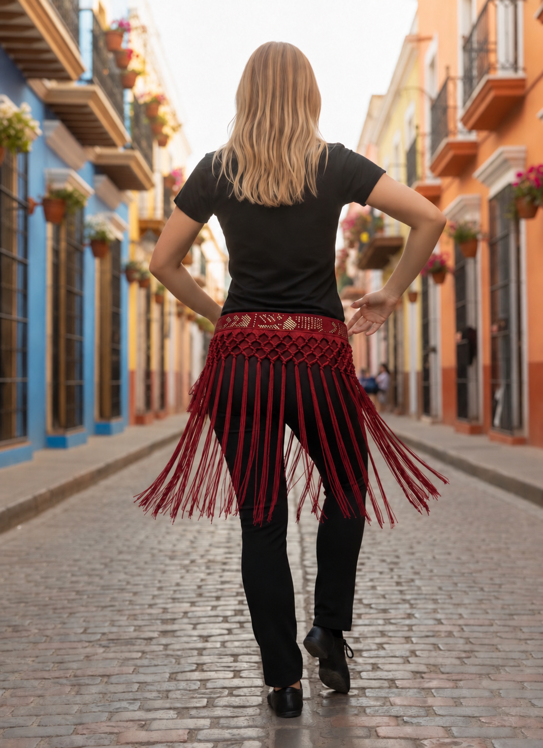Handmade high-waisted scarf, dance-style high-waisted towel, equipped with 50-centimeter tassels and four rows of knots. The finished length is 38 centimeters. When rotated, it presents a rich and fashionable tassel effect.
