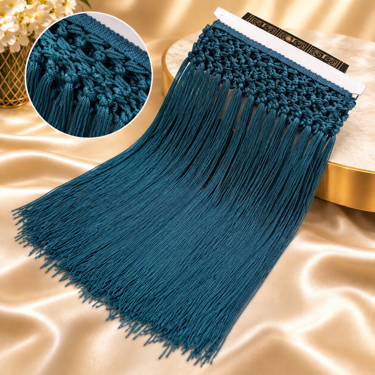 Handmade high-waisted scarf, dance-style high-waisted towel, equipped with 50-centimeter tassels and four rows of knots. The finished length is 38 centimeters. When rotated, it presents a rich and fashionable tassel effect.