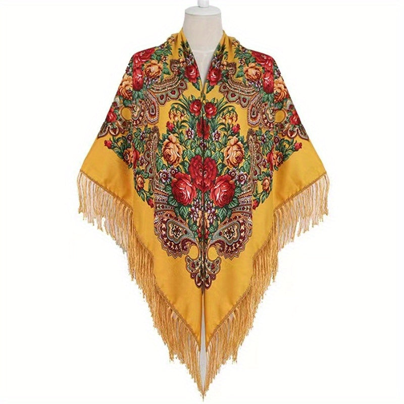 Women's long tassel shawl printed cotton large square scarf for women