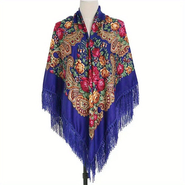 Women's long tassel shawl printed cotton large square scarf for women