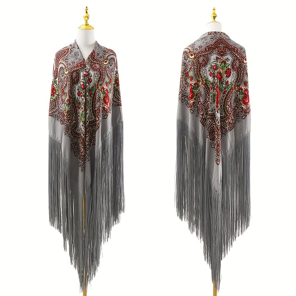 95‘’* 95“ oversized floral-patterned shawl with long tassels | ATS stage props | Flamenco dance style Shawl | adds elegance and dynamism