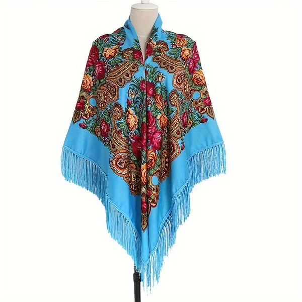 Women's long tassel shawl printed cotton large square scarf for women