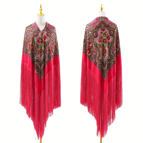 95‘’* 95“ oversized floral-patterned shawl with long tassels | ATS stage props | Flamenco dance style Shawl | adds elegance and dynamism