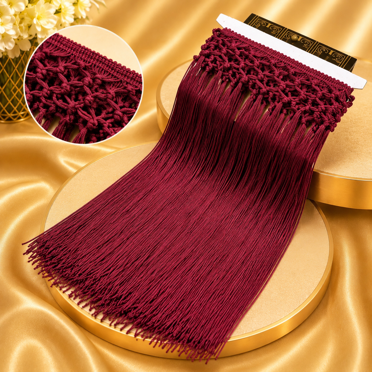 Handmade high-waisted scarf, dance-style high-waisted towel, equipped with 50-centimeter tassels and four rows of knots. The finished length is 38 centimeters. When rotated, it presents a rich and fashionable tassel effect.
