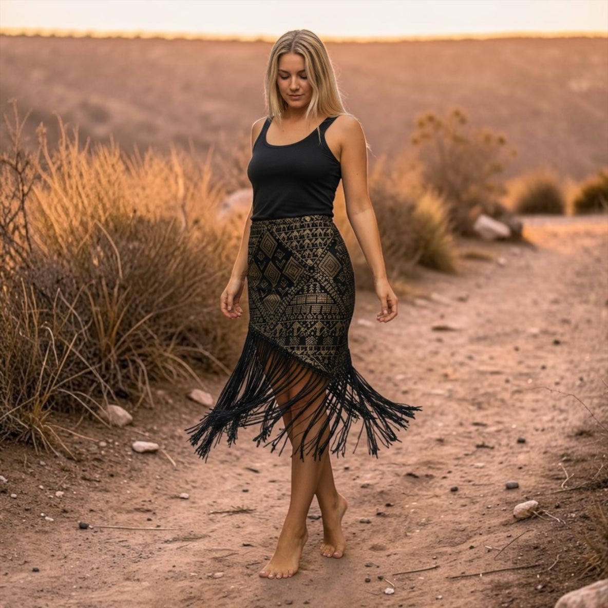 The modal cotton elasticity skirt Faux Assuit foil print straight skirt 4 knots tied Handmade tassels 38cm
