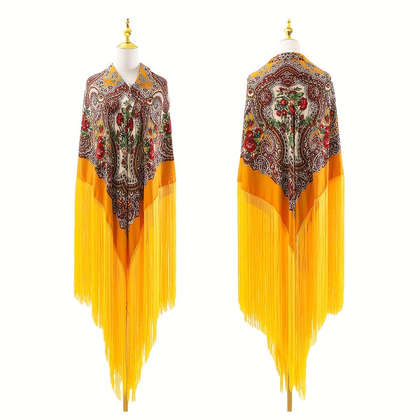 95‘’* 95“ oversized floral-patterned shawl with long tassels | ATS stage props | Flamenco dance style Shawl | adds elegance and dynamism