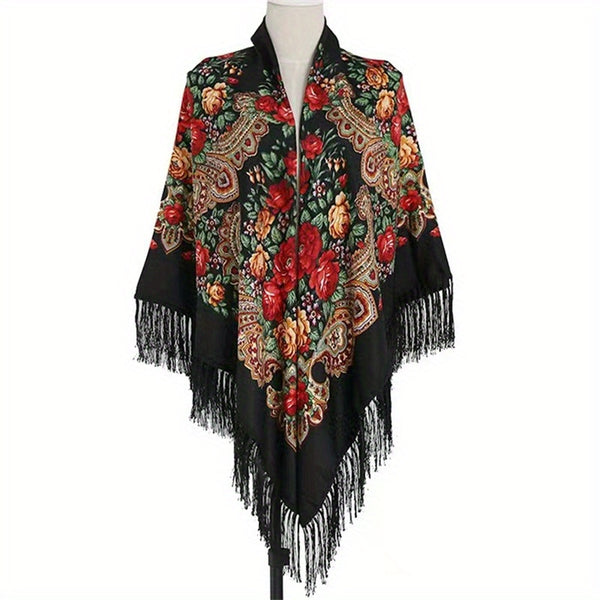 Women's long tassel shawl printed cotton large square scarf for women