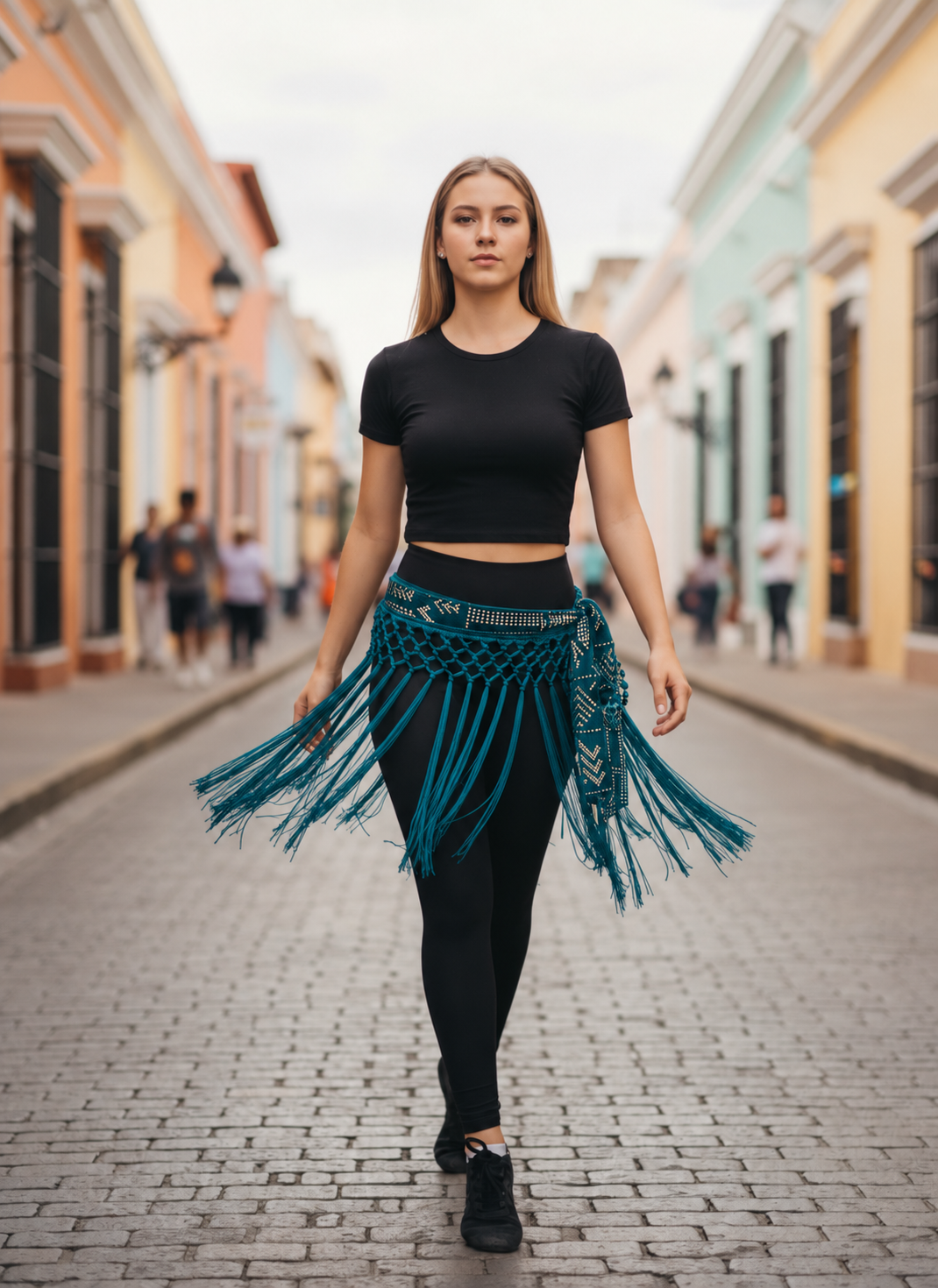 Handmade high-waisted scarf, dance-style high-waisted towel, equipped with 50-centimeter tassels and four rows of knots. The finished length is 38 centimeters. When rotated, it presents a rich and fashionable tassel effect.