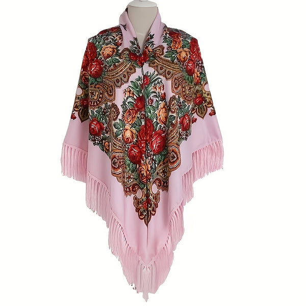 Women's long tassel shawl printed cotton large square scarf for women