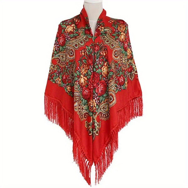 Women's long tassel shawl printed cotton large square scarf for women