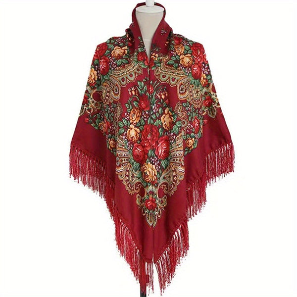 Women's long tassel shawl printed cotton large square scarf for women