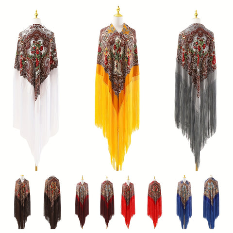 95‘’* 95“ oversized floral-patterned shawl with long tassels | ATS stage props | Flamenco dance style Shawl | adds elegance and dynamism