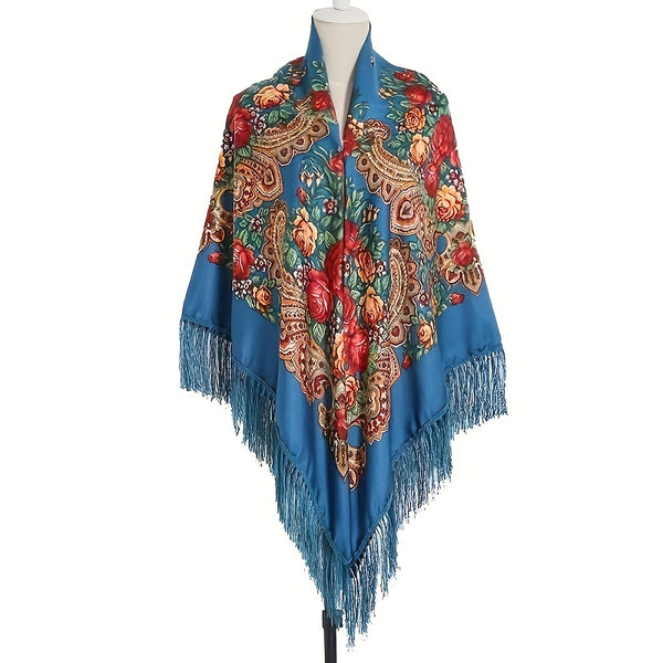 Women's long tassel shawl printed cotton large square scarf for women