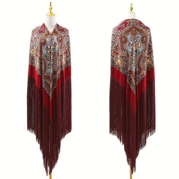 95‘’* 95“ oversized floral-patterned shawl with long tassels | ATS stage props | Flamenco dance style Shawl | adds elegance and dynamism