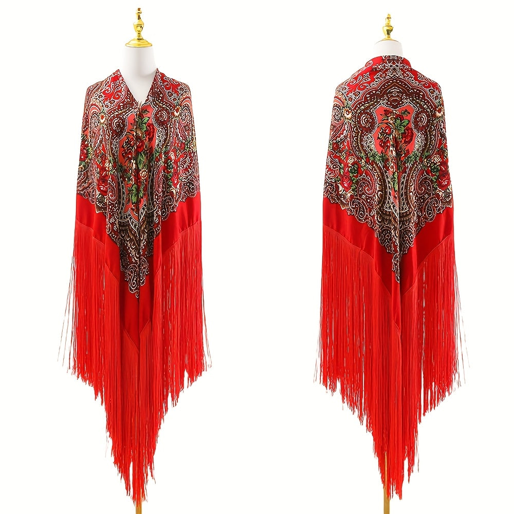95‘’* 95“ oversized floral-patterned shawl with long tassels | ATS stage props | Flamenco dance style Shawl | adds elegance and dynamism