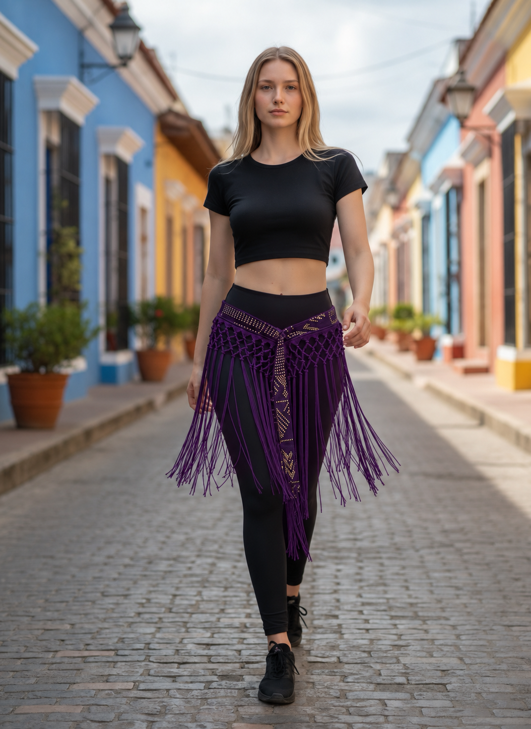 Handmade high-waisted scarf, dance-style high-waisted towel, equipped with 50-centimeter tassels and four rows of knots. The finished length is 38 centimeters. When rotated, it presents a rich and fashionable tassel effect.