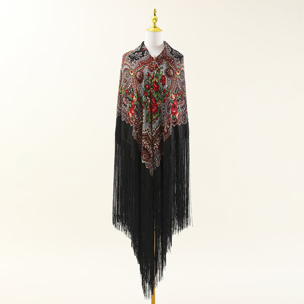 Super national print square long fringe retro style multi-functional four seasons universal oversized shawl square scarf cotton velvet