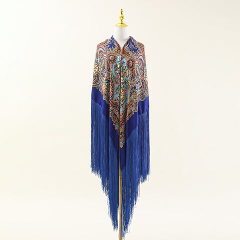 Super national print square long fringe retro style multi-functional four seasons universal oversized shawl square scarf cotton velvet