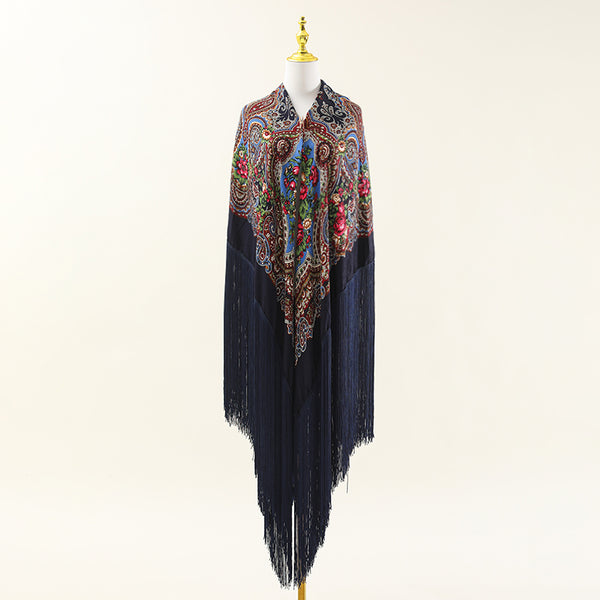 Super national print square long fringe retro style multi-functional four seasons universal oversized shawl square scarf cotton velvet