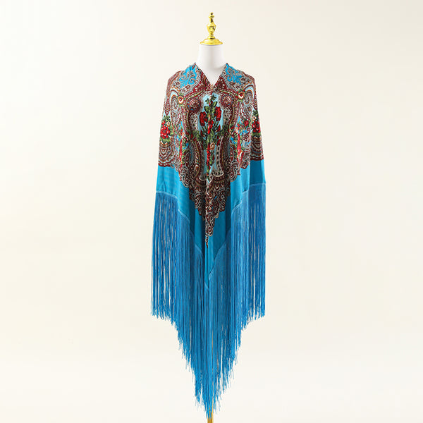 Super national print square long fringe retro style multi-functional four seasons universal oversized shawl square scarf cotton velvet