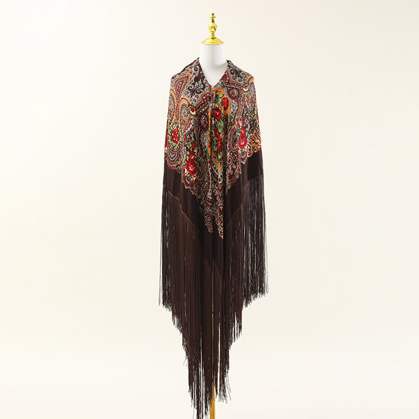 Super national print square long fringe retro style multi-functional four seasons universal oversized shawl square scarf cotton velvet