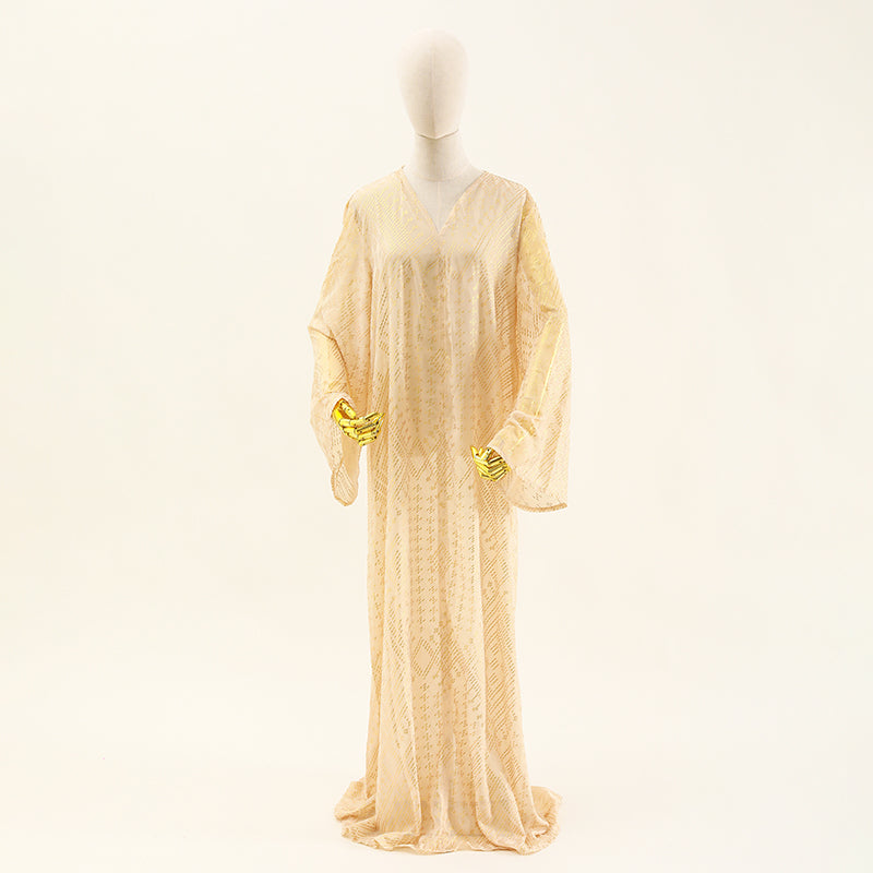 Classic Faux Assuit Foil Print Robe Pearl chiffon Abaya Muslim Dress