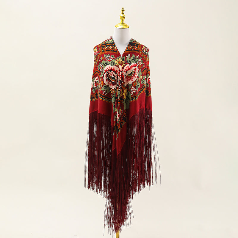 Women's printed long tassel cape Four seasons warm flamenco prop cape Manton