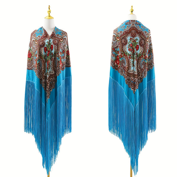 95‘’* 95“ oversized floral-patterned shawl with long tassels | ATS stage props | Flamenco dance style Shawl | adds elegance and dynamism
