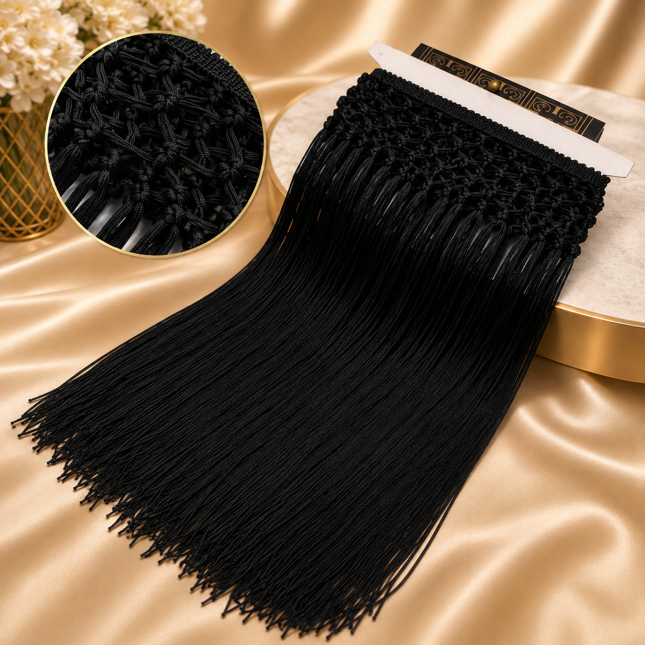 Handmade high-waisted scarf, dance-style high-waisted towel, equipped with 50-centimeter tassels and four rows of knots. The finished length is 38 centimeters. When rotated, it presents a rich and fashionable tassel effect.