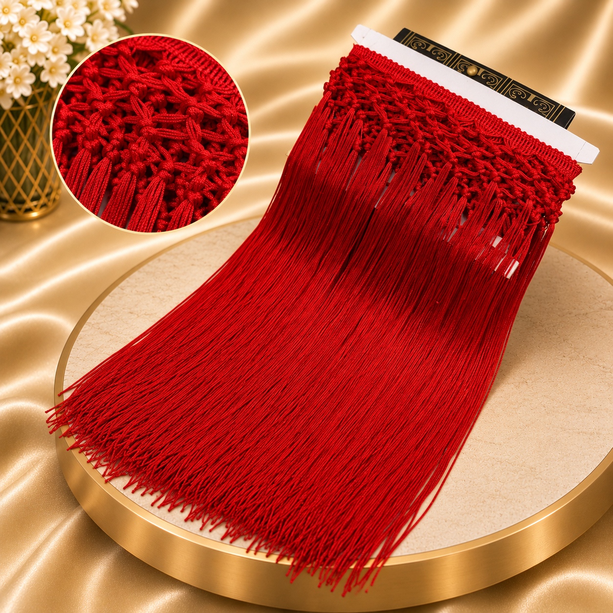 Handmade high-waisted scarf, dance-style high-waisted towel, equipped with 50-centimeter tassels and four rows of knots. The finished length is 38 centimeters. When rotated, it presents a rich and fashionable tassel effect.
