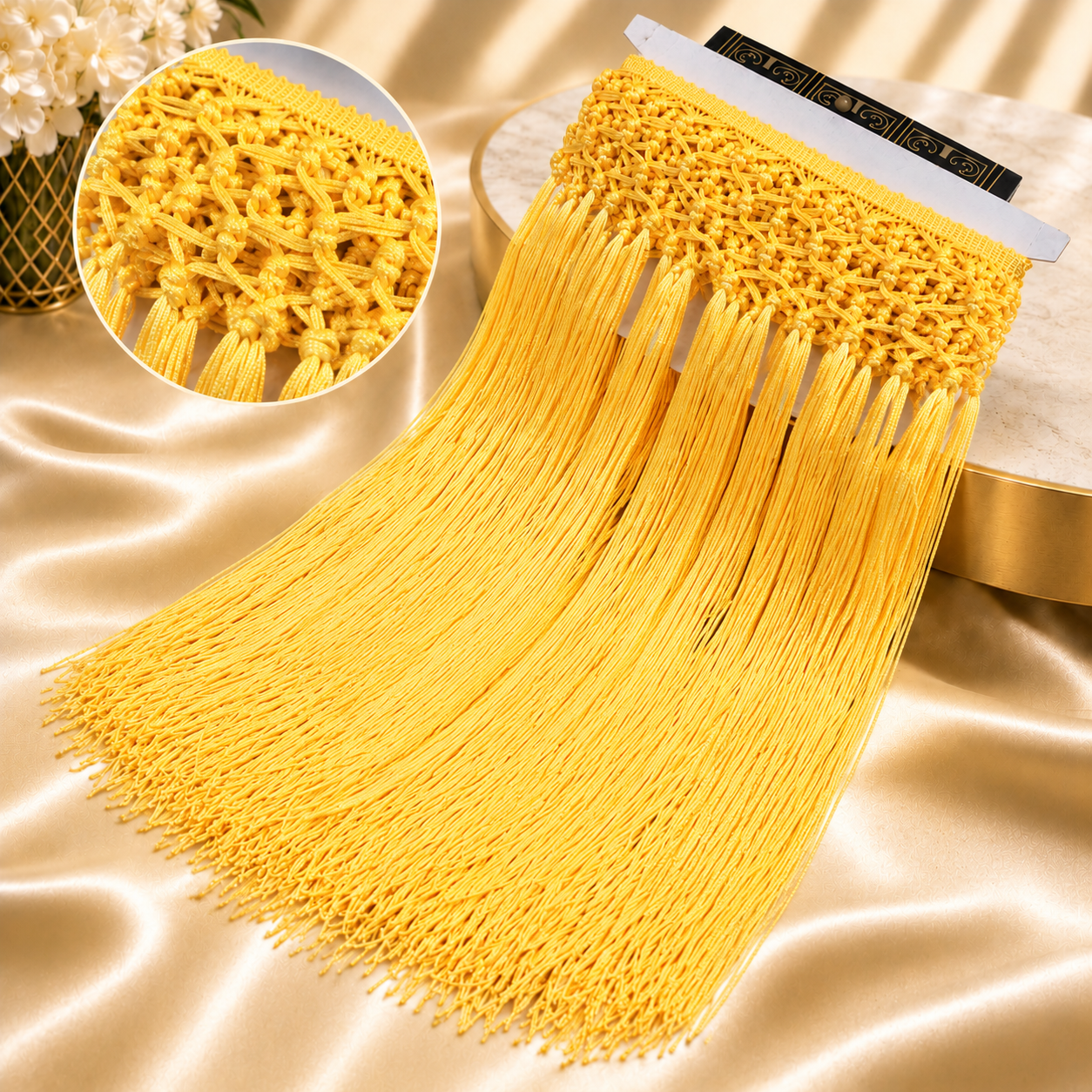 Handmade high-waisted scarf, dance-style high-waisted towel, equipped with 50-centimeter tassels and four rows of knots. The finished length is 38 centimeters. When rotated, it presents a rich and fashionable tassel effect.