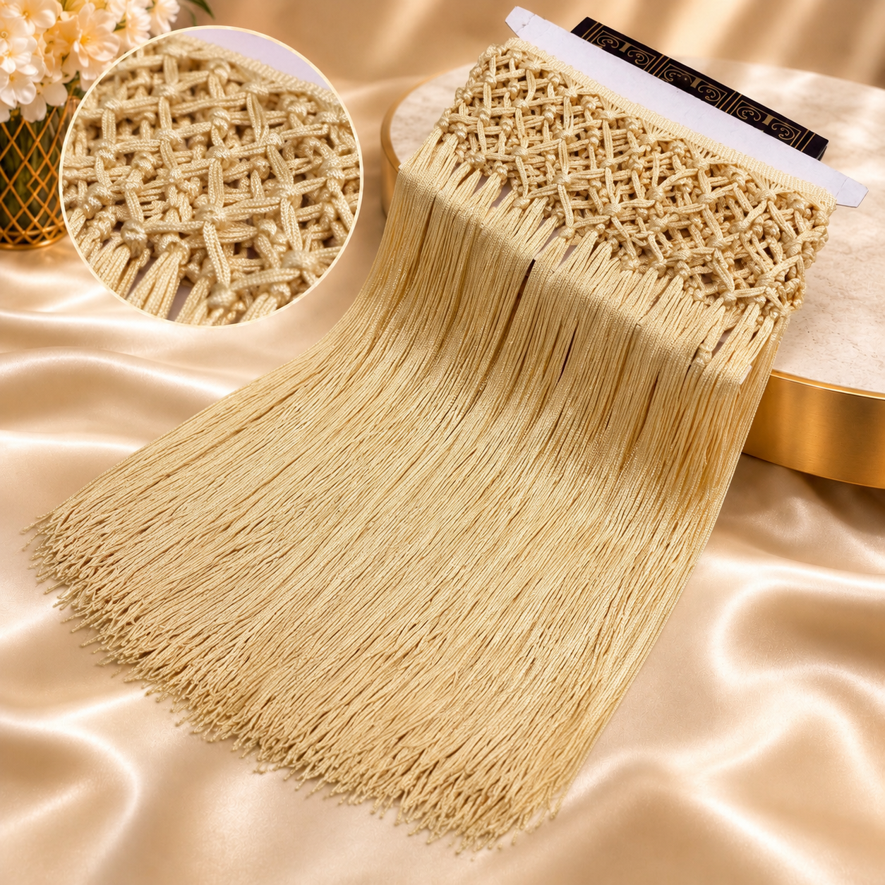 Handmade high-waisted scarf, dance-style high-waisted towel, equipped with 50-centimeter tassels and four rows of knots. The finished length is 38 centimeters. When rotated, it presents a rich and fashionable tassel effect.