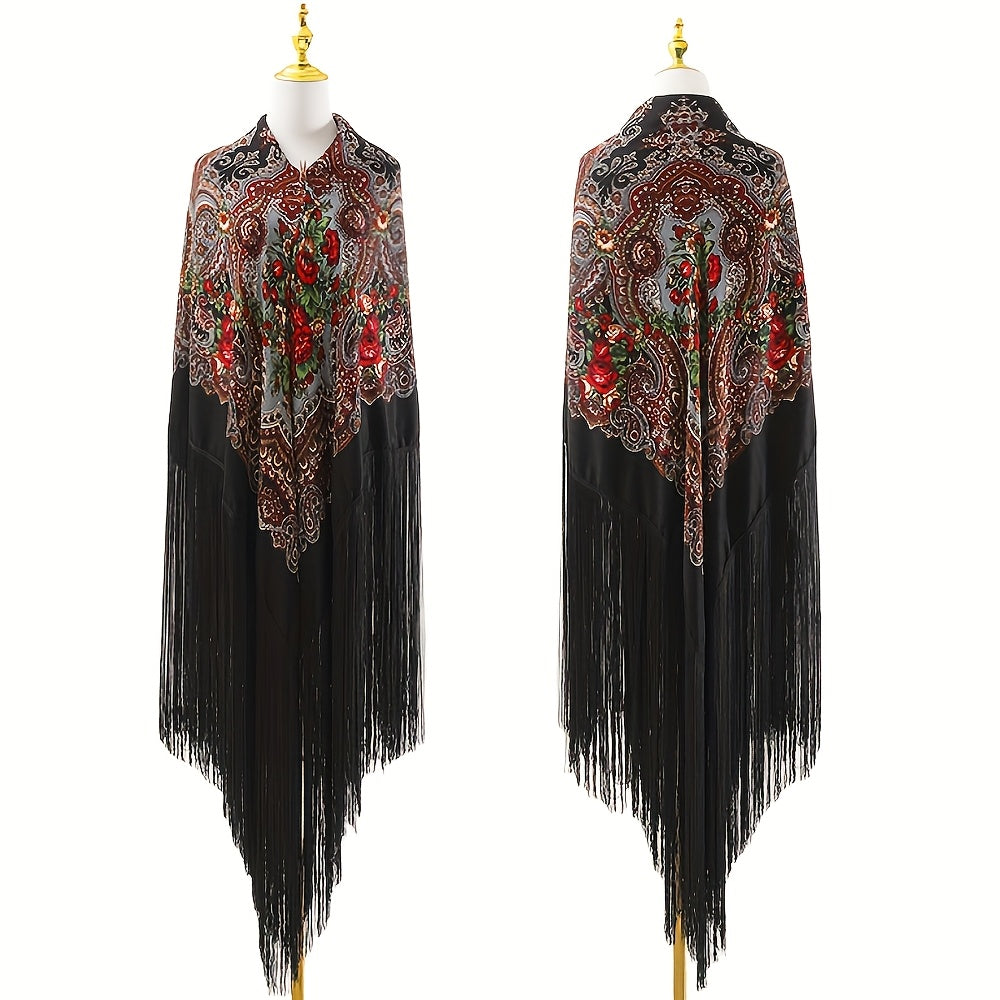 95‘’* 95“ oversized floral-patterned shawl with long tassels | ATS stage props | Flamenco dance style Shawl | adds elegance and dynamism