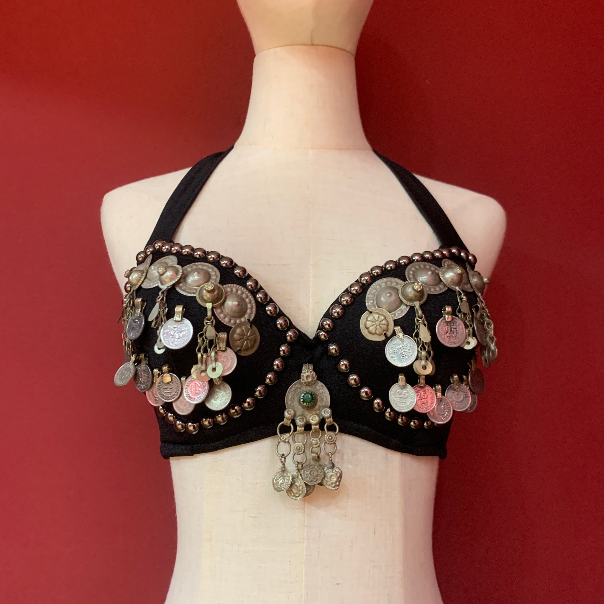 Tribal Fusion Belly Dance Bra With Silver Coins and Afghani Jewelry Accents  shaped Hard Cup -  Israel