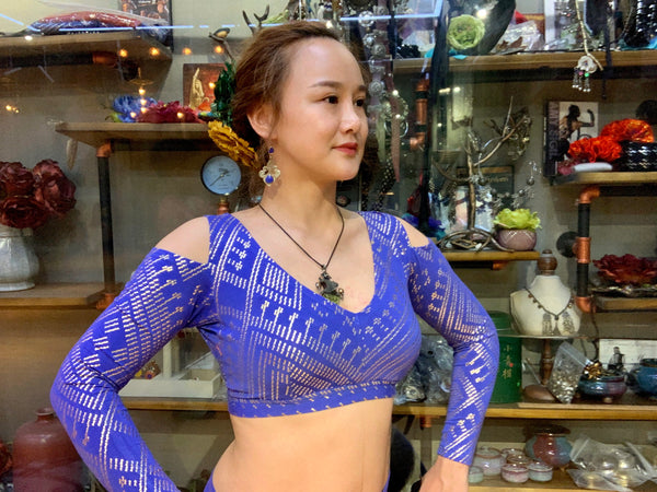 Clearance Sale | ATS Choli Faux Assuit Foil Print Tribal Top Elastic Modal Rayon Gypsy BellyDance | Violet Blue Gold